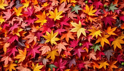 A vibrant carpet of colorful autumn leaves covers the ground, showcasing seasonal beauty.