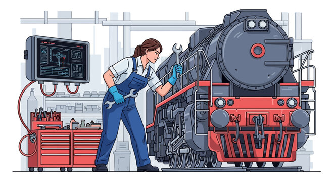 Dedicated female mechanic restoring vintage steam locomotive with meticulous care