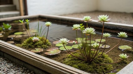 A tranquil lotus pond with lush greenery and smooth stones in a serene setting.