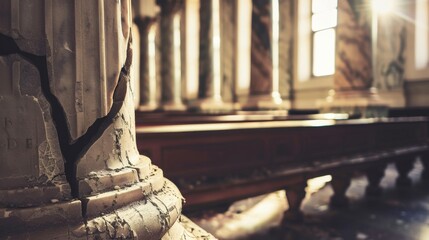 Close-up of a cracked marble column in an abandoned building. Dusty interior with sunlight streaming through windows. Historical architecture details visible.