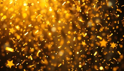 Golden confetti and star-shaped particles falling against a blurred, glowing background.