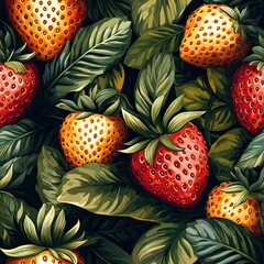 Seamless pattern of strawberries and lush green leaves, perfect for summer, garden, or organic-themed projects.