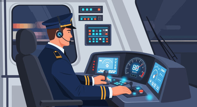 Train conductor in the cabin controls the speed of the modern train carriage