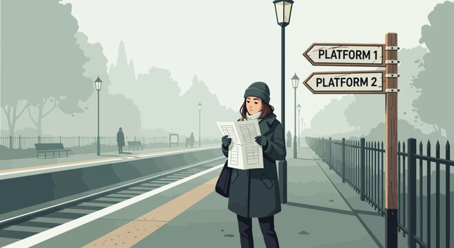 Travel decisions in the city: woman checking train schedule at platform in fog