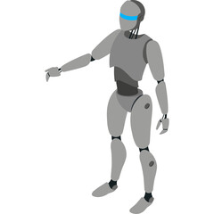 Gray robotic figure with blue accents on head and articulated joints standing against a white background in a three-quarter view with right arm extended forward