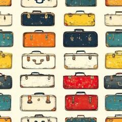 Seamless pattern of colorful vintage suitcases, ideal for retro travel and adventure-themed projects.