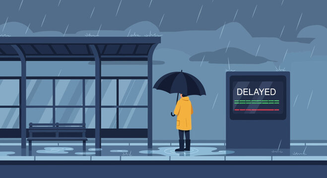 Person in raincoat holding umbrella at bus stop with delayed arrival board