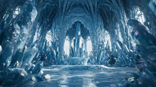 Frozen alien cathedral interior formed from sparkling ice crystals. Ethereal blue glacial architecture with vaulted arches and reflective floors. Fantasy digital animation footage.