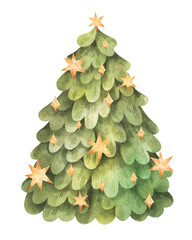  Christmas tree decorated with stars. Watercolor hand-drawn illustration isolated on white background. Design element for Christmas or New Year greeting card or invitation