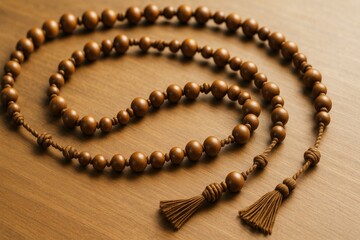 Obraz premium Wooden prayer beads with tassels arranged on wooden surface in warm light, symbolizing meditation, culture, and spirituality background. Ai generative