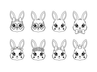 Black and white outline set of cute bunny heads, cartoon rabbits with heart glasses, bows, flower wreath, and crown for coloring.