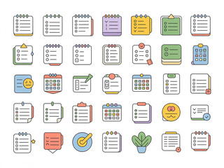 Collection of colorful hand drawn icons representing calendars to do lists and notes