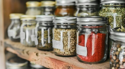 A collection of glass jars filled with various spices and herbs arranged on a wooden shelf. The jars have metal lids and labels for identification.