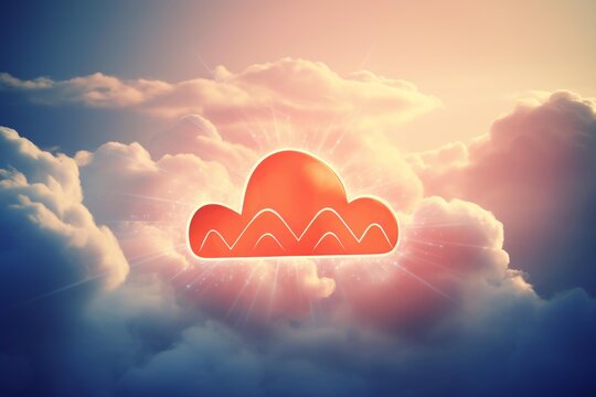 Orange cloud computing symbol floating in a cloudy sky at sunset, symbolizing data storage, network connectivity, and online services - Powered by Adobe