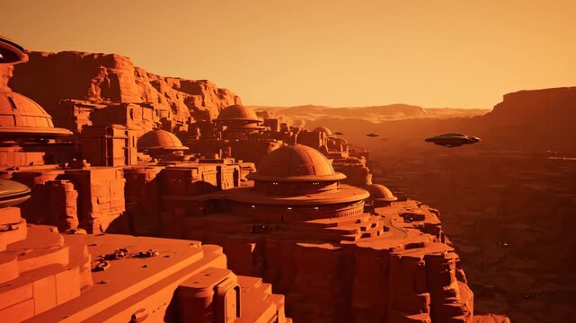 Spaceship hovering over Martian canyon city. Futuristic domes built into red cliffs. Sci-fi landscape with flying craft approaching settlement footage.