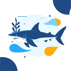 Obraz premium Abstract Navy Blue Shark Illustration with Ocean Element Decorations on White Background Concept Design for Marine Theme Artwork