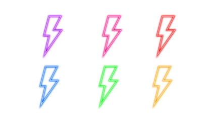 A vibrant set of six colorful neon lightning bolt icons arranged in two rows on a white background, perfect for representing energy, power, or modern design concepts.	