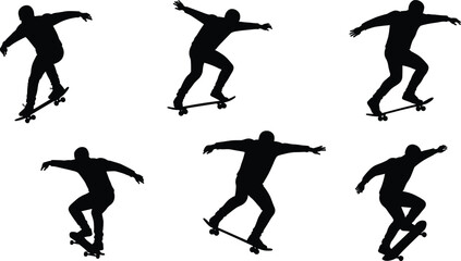  Silhouette of skateboarder performing tricks and jumps, urban street sport illustration, active movement and balance skill, black and white modern vector design