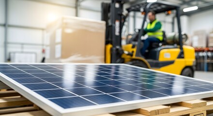 Forklift Transporting Solar Panel Green Energy Industry Warehouse Distribution System Logistics Transportation Sustainable Future