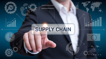 Man points at supply chain button, digital transformation, business strategy, global logistics, tech solutions, modern management, innovation concept