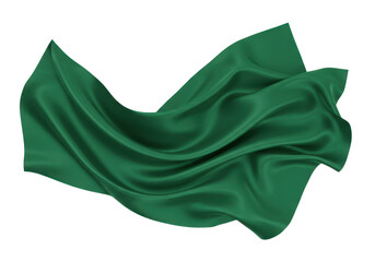 Isolated flowing piece of emerald green silk fabric gently moves in the air indoors
