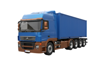 Isolated industrial blue semi truck hauling shipping container for logistics transport job