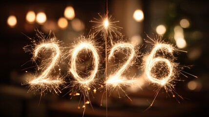 Sparkling golden 2026 numbers with glowing sparkler and warm bokeh lights celebrating new year holiday festivities