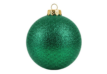 Isolated green glitter Christmas bauble decoration, golden hanger for festive ornament