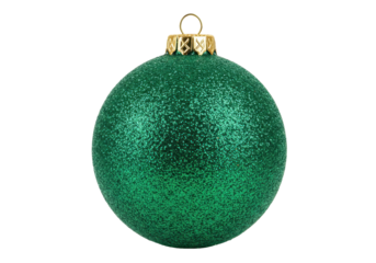 Isolated green glitter Christmas bauble decoration, golden hanger for festive ornament