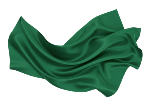 Isolated flowing piece of emerald green silk fabric gently moves in the air indoors