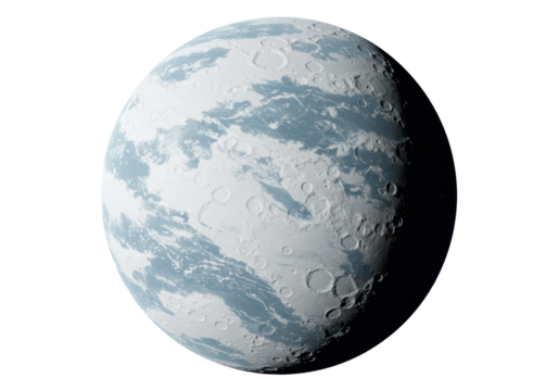 Isolated exoplanet with ice covered surface, celestial body with craters, dark shadow