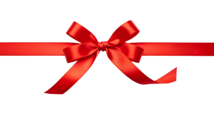 A vibrant red satin ribbon tied into a classic bow with a horizontal ribbon across the center isolated on transparent background
