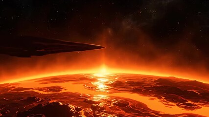 Orbiting a molten planet from space view. Fiery world with glowing lava surfaces and cosmic horizon. Sci-fi exploration and astronomy concept footage. - Powered by Adobe