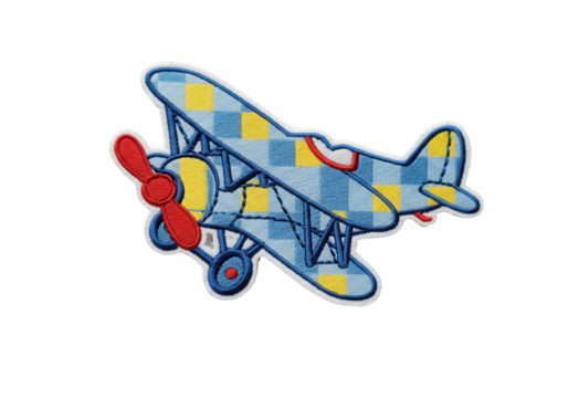Isolated blue biplane with red propeller, an embroidered cloth patch, children's theme
