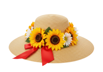 Isolated straw boater sun hat with sunflowers and red ribbon for summer fashion styles