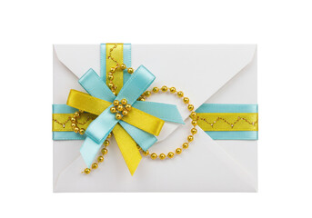 Isolated envelope with a festive bow and bead accents, decorative and celebration concept