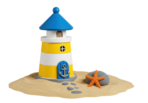 Isolated lighthouse-shaped ornament on sand with starfish, seaside decor and marine souvenir