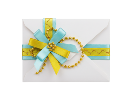 Isolated envelope with a festive bow and bead accents, decorative and celebration concept