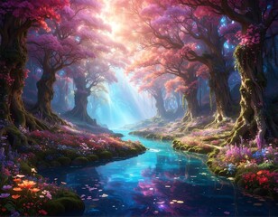 Obraz premium Enchanting forest scene with vibrant pink trees, reflecting water