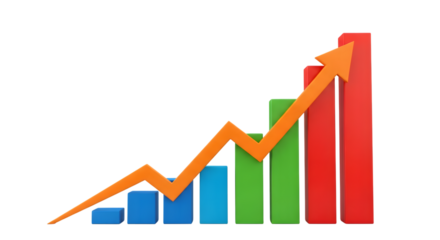 Upward trending bar chart with orange arrow showing financial growth and success isolated on transparent background