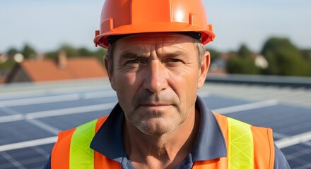 Solar Panel Worker Portrait Inspection of Renewable Energy Installation Green Technology Construction Professionalism Clean Power Industry