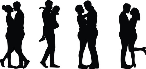 Silhouette illustration of couples embracing, romantic love concept, relationship bonding, modern flat vector design, black and white artwork, minimal clean composition,  