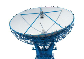 Isolated Radio Telescope Surrounded by Birds, Deep Space Exploration on Clear Sky Day