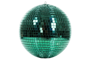 Isolated emerald-green disco ball, vintage mirrored sphere for parties or retro nightlife décor