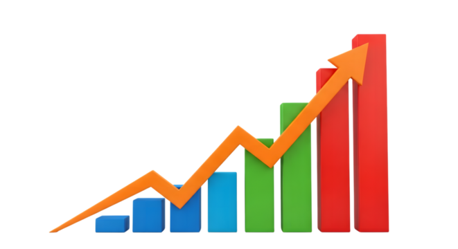 Upward trending bar chart with orange arrow showing financial growth and success isolated on transparent background