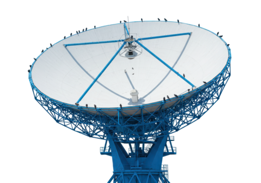 Isolated Radio Telescope Surrounded by Birds, Deep Space Exploration on Clear Sky Day