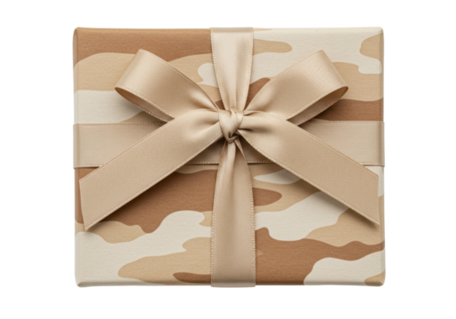 Isolated tan gift box with decorative ribbon and bow, gift wrapped present for celebration