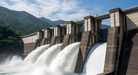 Hydroelectric Dam Powering a Nation: Renewable Energy Source and Engineering Marvel Harnessing Water's Force in Mountainous Landscape