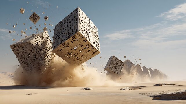 Fototapeta Abstract 3D cubes falling on sandy surface