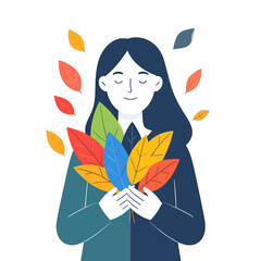 Woman Holding Colorful Autumn Leaves with Closed Eyes on White Background Illustration
